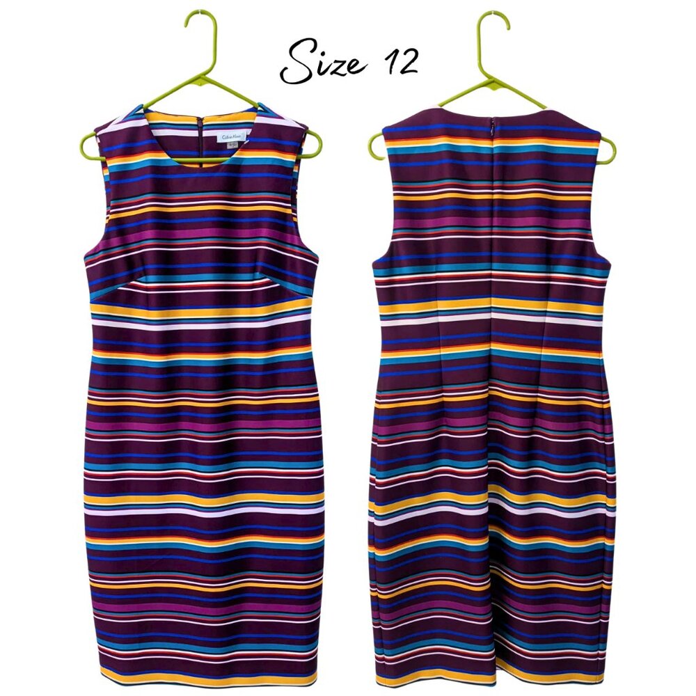 {Calvin Klein} Colorful Striped Sheath Dress Size 12 Sleeveless Stretch Midi